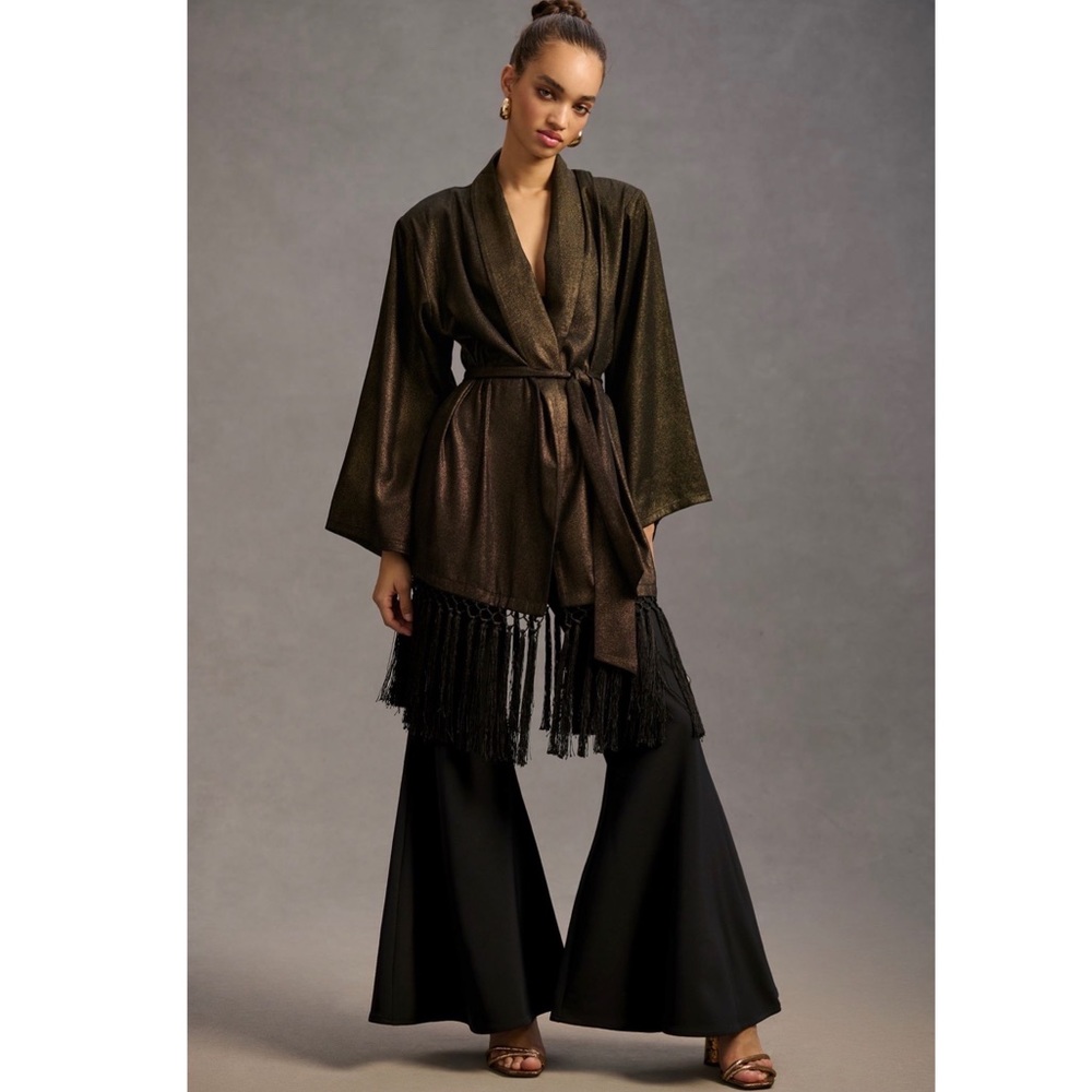 Anthropologie Metallic Fringe Kimono Duster Jacket - Picture 2 of 7